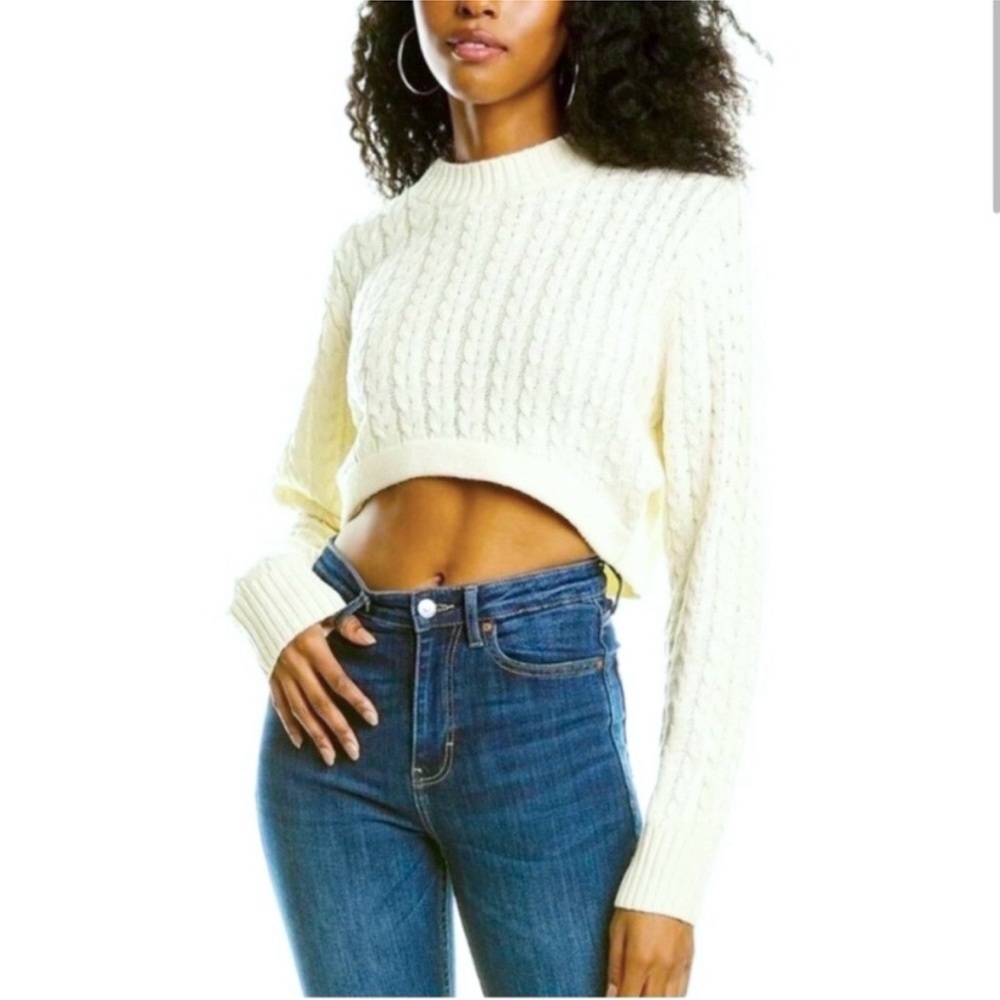 DANIELLE BERNSTEIN WEWOREWHAT Cropped Ivory Mock Crewneck Chunky Cable Sweater L